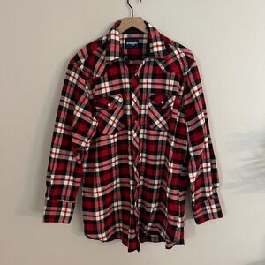 Wrangler Men's Red‎ Plaid Flannel Pearl Snap 100% Cotton Western Shirt Tall XL